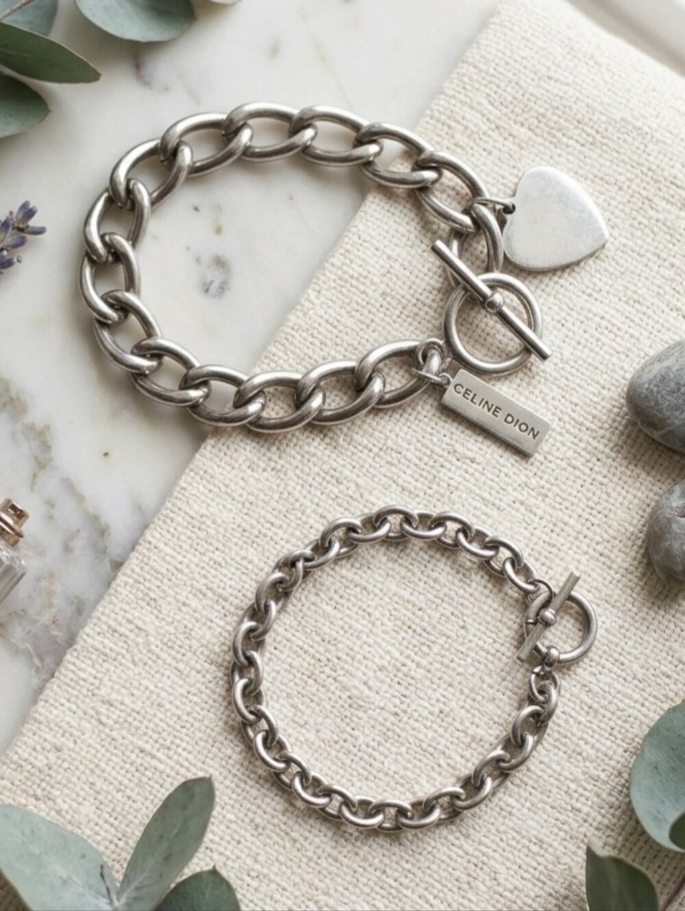 "CELINE DION & UNBRANDED" Set of 2 Vintage Silver Tone Toggle Chain Bracelets 7"
